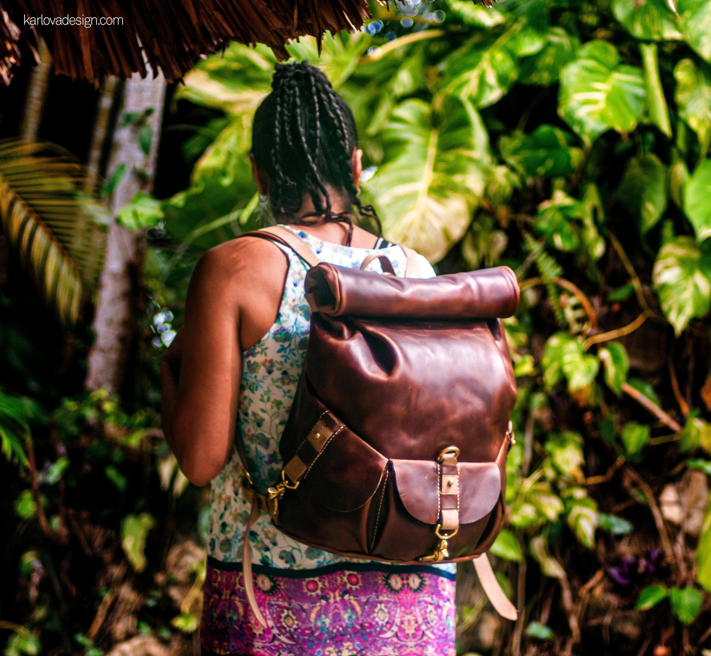 Leather rolltop backpack leather craft DIY PDF pattern by Karlova Design, leatherwork template for hand stitching