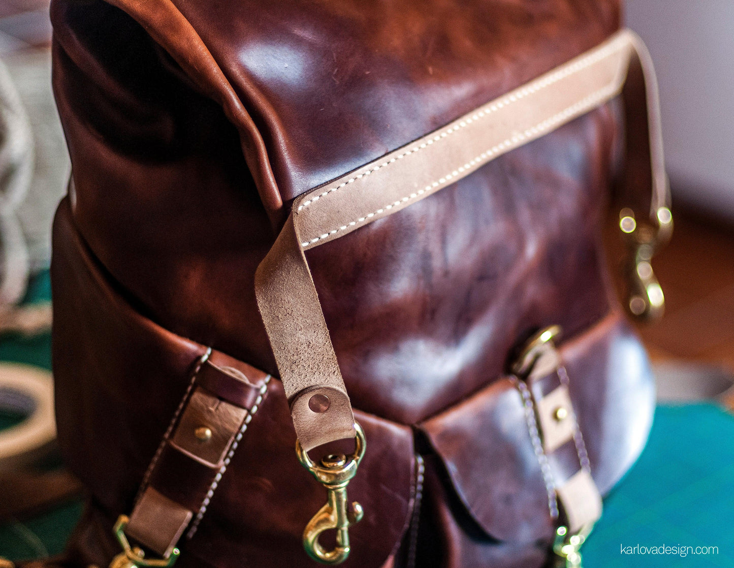 Leather rolltop backpack leather craft DIY PDF pattern by Karlova Design, leatherwork template for hand stitching