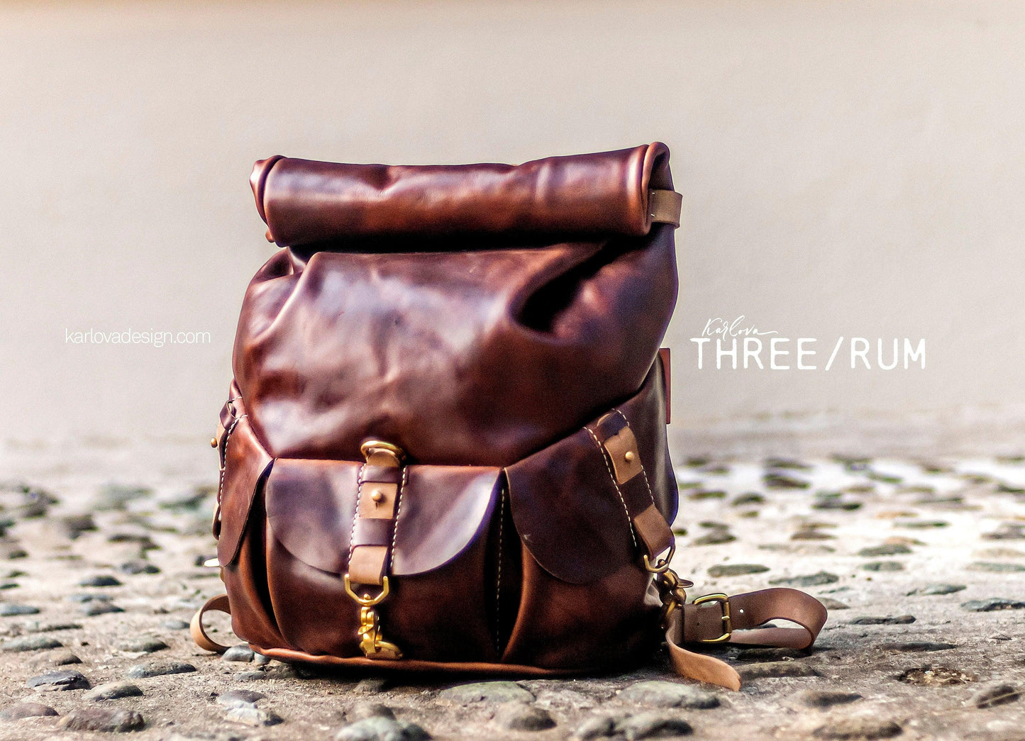Leather roll top backpack leather craft DIY PDF pattern by Karlova Design, leatherwork template for hand stitching
