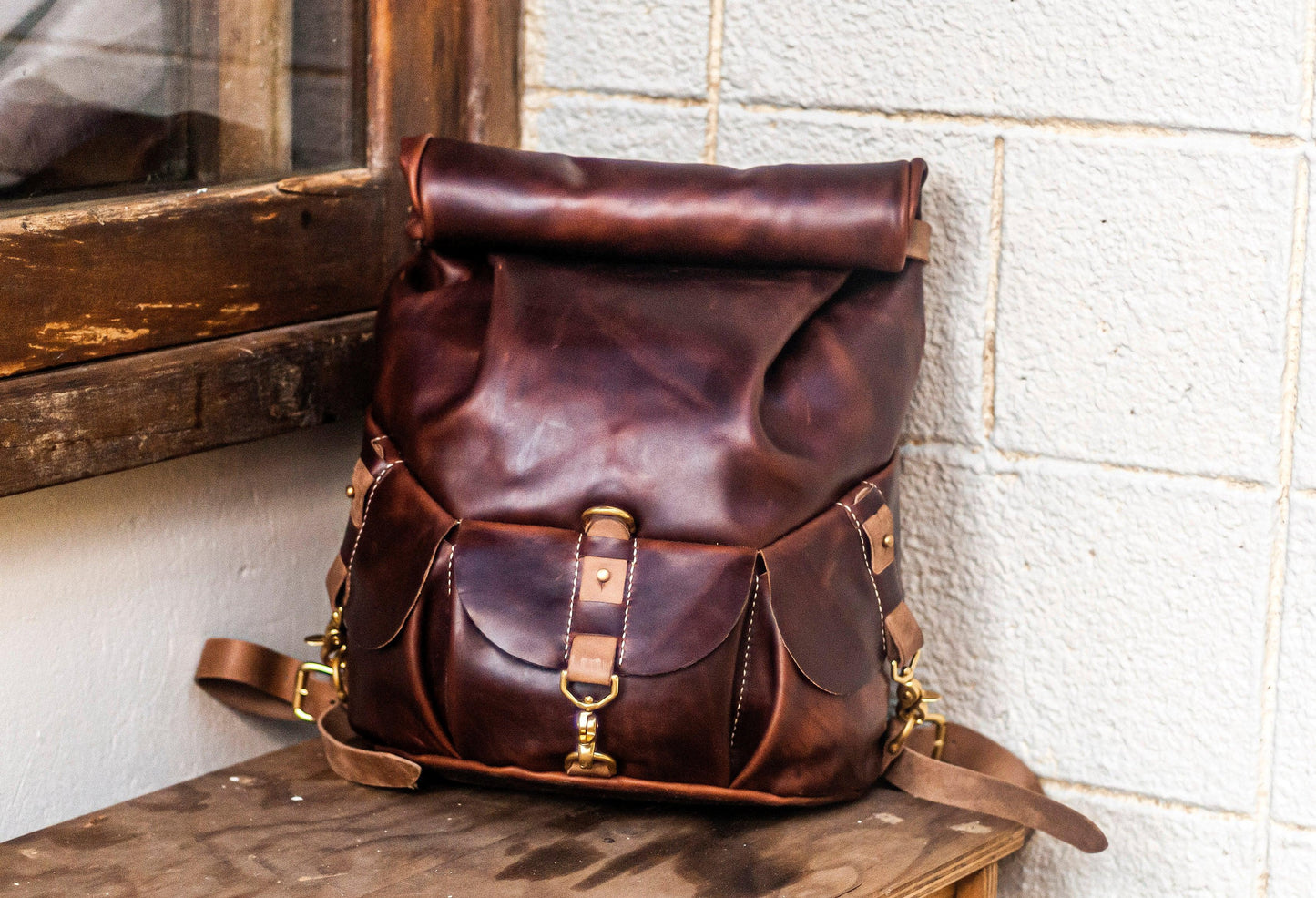 Leather roll top backpack leather craft DIY PDF pattern by Karlova Design, leatherwork template for hand stitching