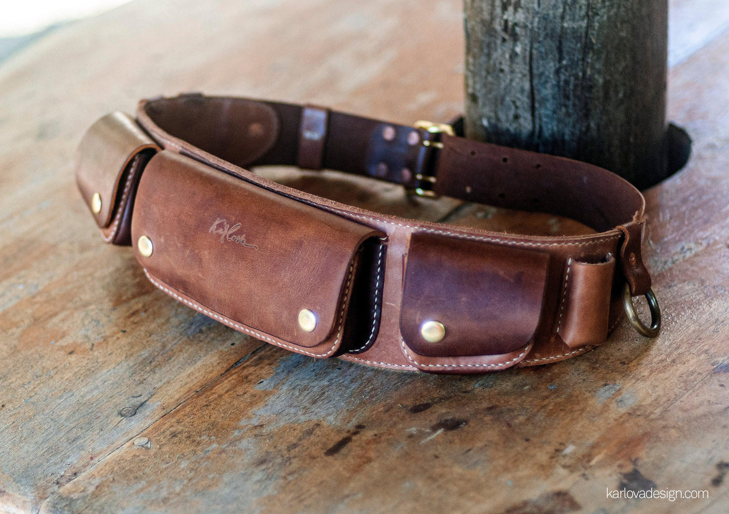 Leather utility pocket belt printable leather craft DIY PDF pattern by Karlova Design, leatherwork template for hand stitching