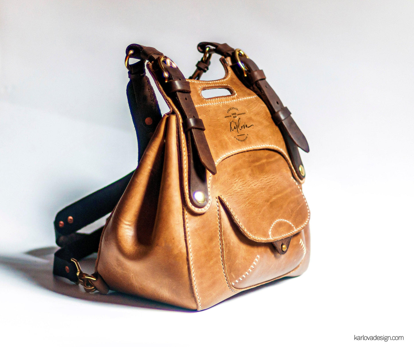 Leather Convertible Backpack Bag printable leather craft DIY PDF pattern by Karlova Design, leatherwork template for hand stitching