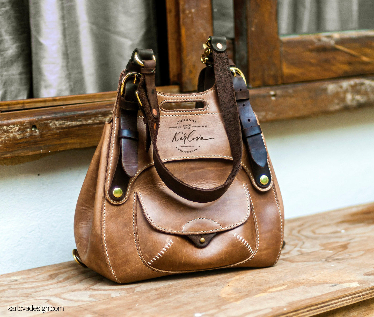 Leather Convertible Backpack Bag printable leather craft DIY PDF pattern by Karlova Design, leatherwork template for hand stitching