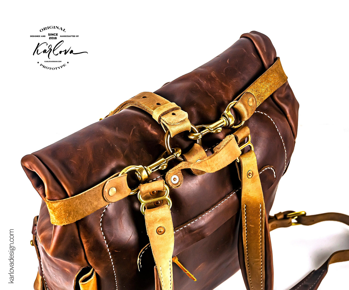 Roll top backpack printable leather craft DIY PDF pattern by Karlova Design, leatherwork template for hand stitching