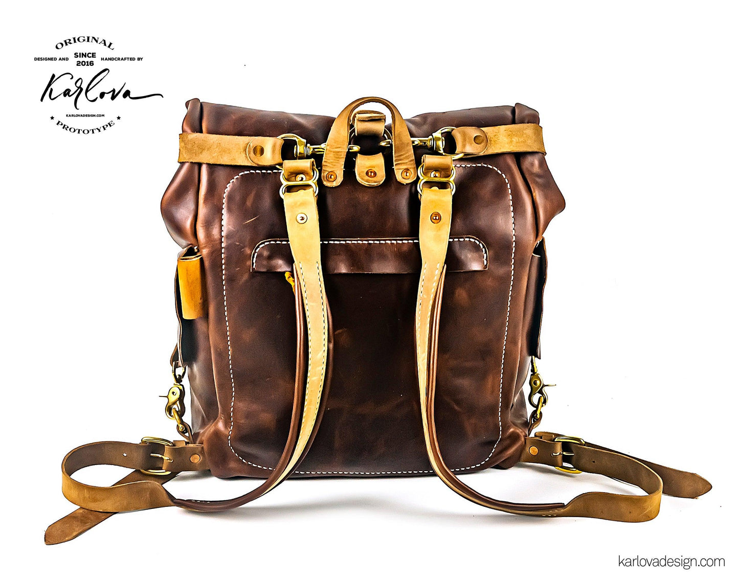 Roll top backpack printable leather craft DIY PDF pattern by Karlova Design, leatherwork template for hand stitching