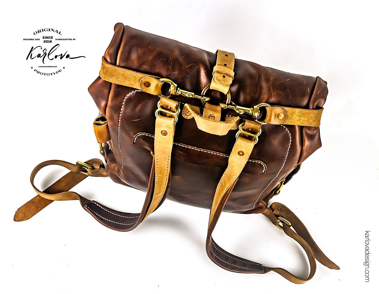 Roll top backpack printable leather craft DIY PDF pattern by Karlova Design, leatherwork template for hand stitching