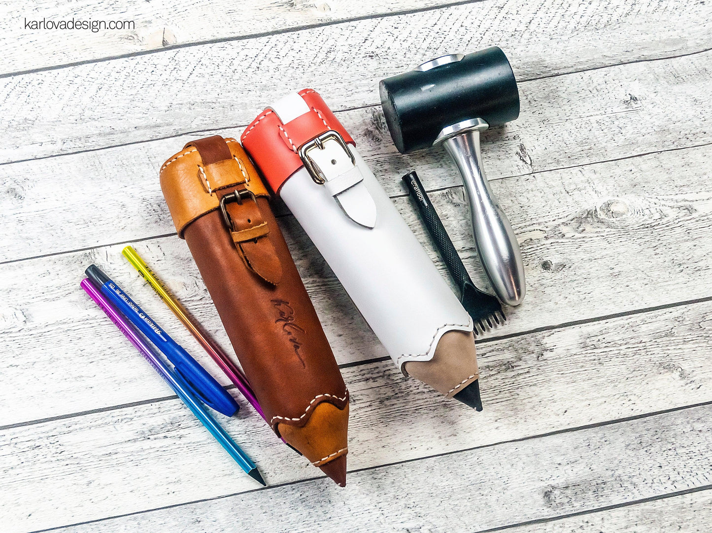 Pencil case printable leather craft DIY PDF pattern by Karlova Design, leatherwork template for hand stitching