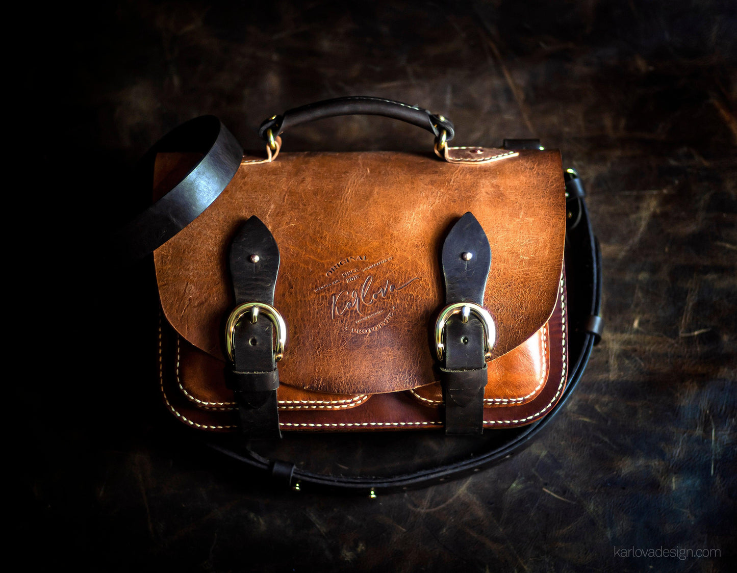 Classic satchel, briefcase printable leather craft DIY PDF pattern by Karlova Design, leatherwork template for hand stitching