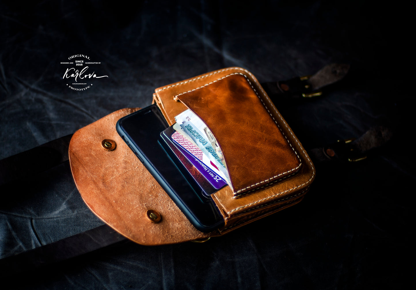 Mini belt phone bag printable leather craft DIY PDF pattern by Karlova Design, leatherwork template for hand stitching