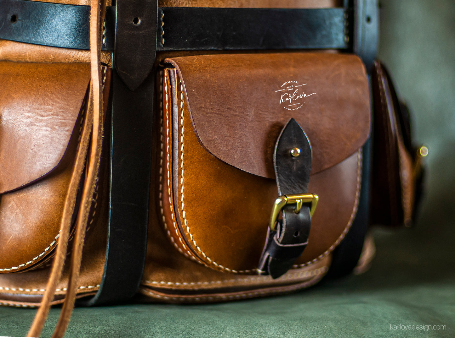 Large classic 3-pocket backpack printable leather craft DIY PDF pattern by Karlova Design, leatherwork template for hand stitching