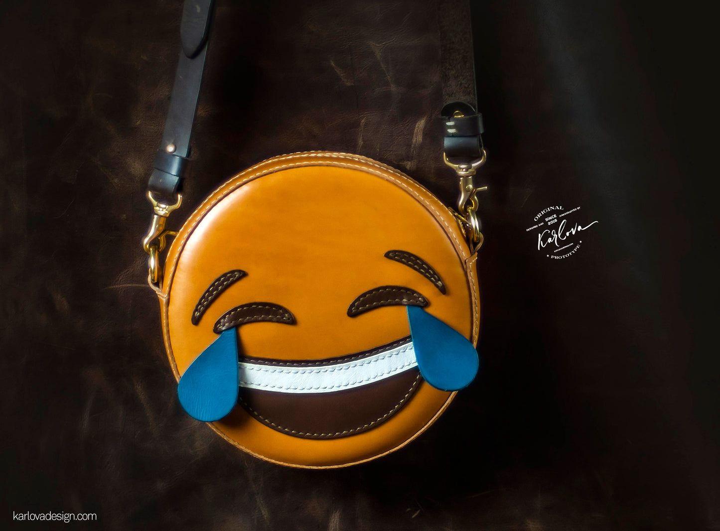 Laughing emoji, emoticon, smiley printable leather craft DIY PDF pattern by Karlova Design, leatherwork template for hand stitching
