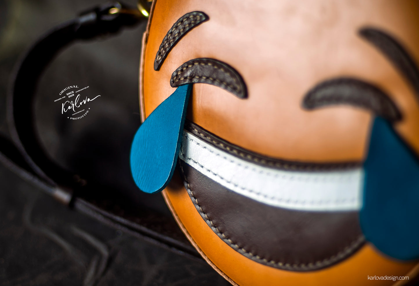Laughing emoji, emoticon, smiley printable leather craft DIY PDF pattern by Karlova Design, leatherwork template for hand stitching
