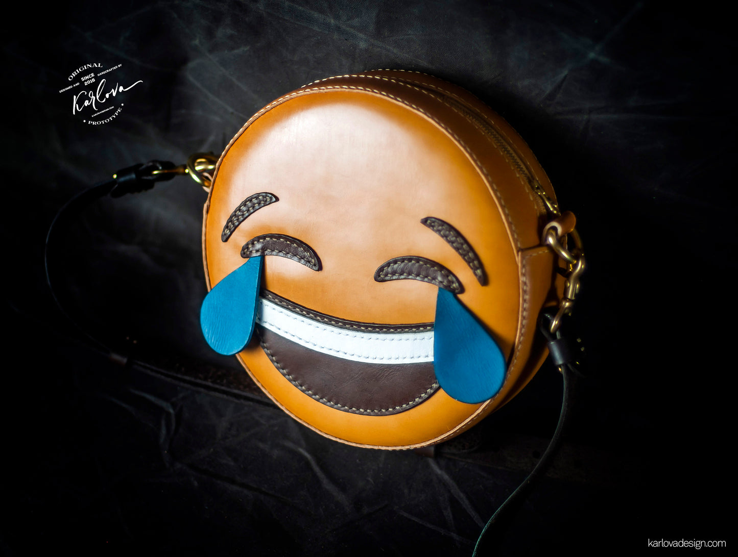 Laughing emoji, emoticon, smiley printable leather craft DIY PDF pattern by Karlova Design, leatherwork template for hand stitching
