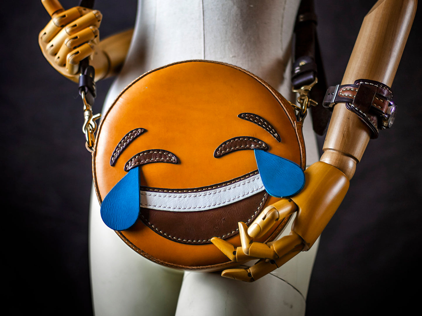 emoji bag, emoticon purse, funny laughing bag Printable Leather Craft DIY PDF Pattern by Karlova Design, Leatherwork Template for Hand Stitching
