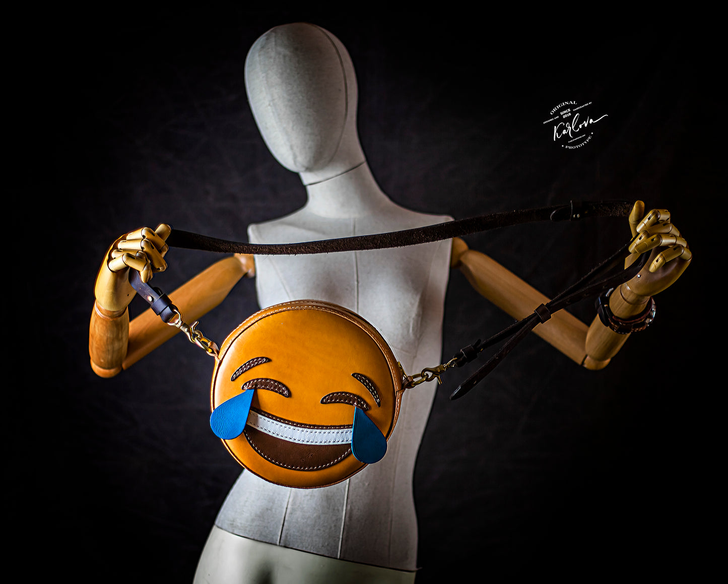 Emoji bag, emoticon purse, smiley, funny laughing bag Printable Leather Craft DIY PDF Pattern by Karlova Design, Leatherwork Template for Hand Stitching