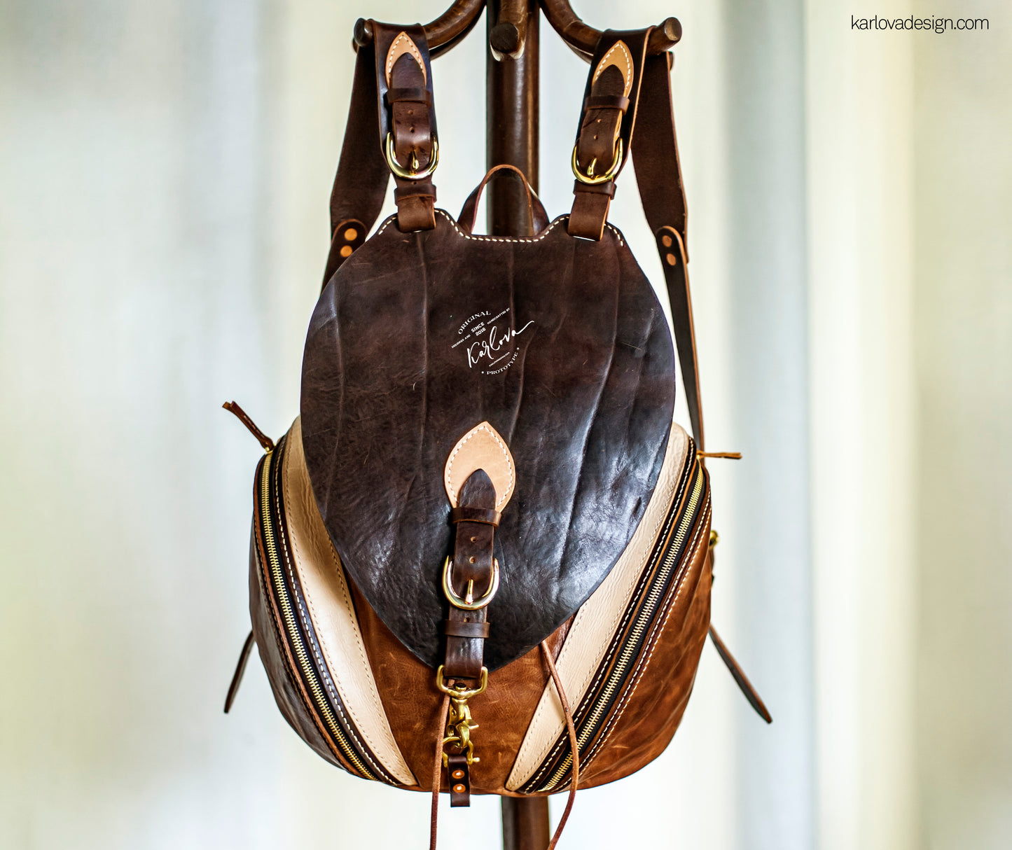 Large beautiful backpack with two zippered pockets Printable Leather Craft DIY PDF Pattern by Karlova Design, Leatherwork Template for Hand Stitching