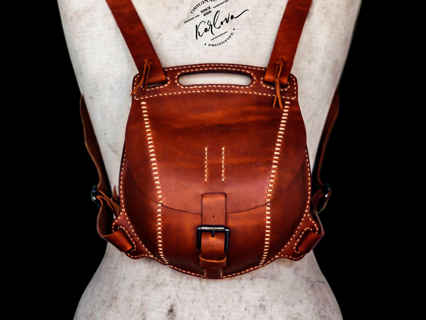 Small round backpack Printable Leather Craft DIY PDF Pattern by Karlova Design, Leatherwork Template for Hand Stitching