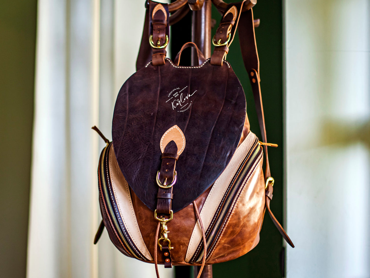 Large beautiful backpack with two zippered pockets Printable Leather Craft DIY PDF Pattern by Karlova Design, Leatherwork Template for Hand Stitching