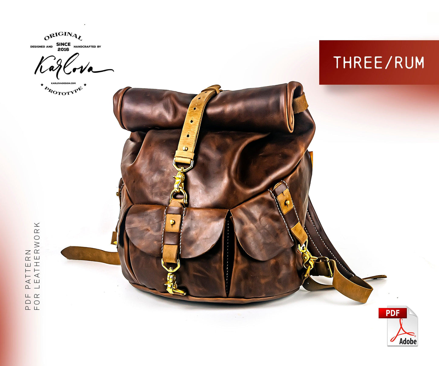 Roll top backpack printable leather craft DIY PDF pattern by Karlova Design, leatherwork template for hand stitching