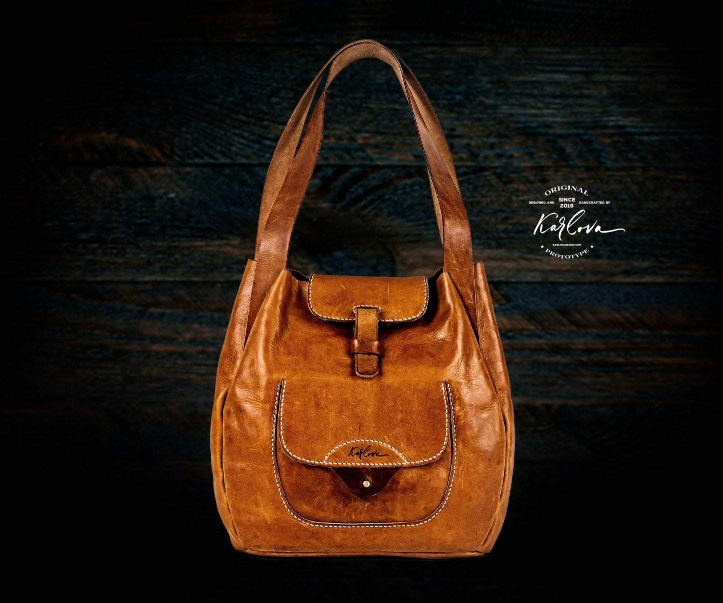 Tote bag printable leather craft DIY PDF pattern by Karlova Design, leatherwork template for hand stitching