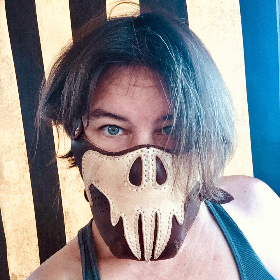 Biker mask with skull punisher design printable leather craft DIY PDF pattern by Karlova Design, leatherwork template for hand stitching