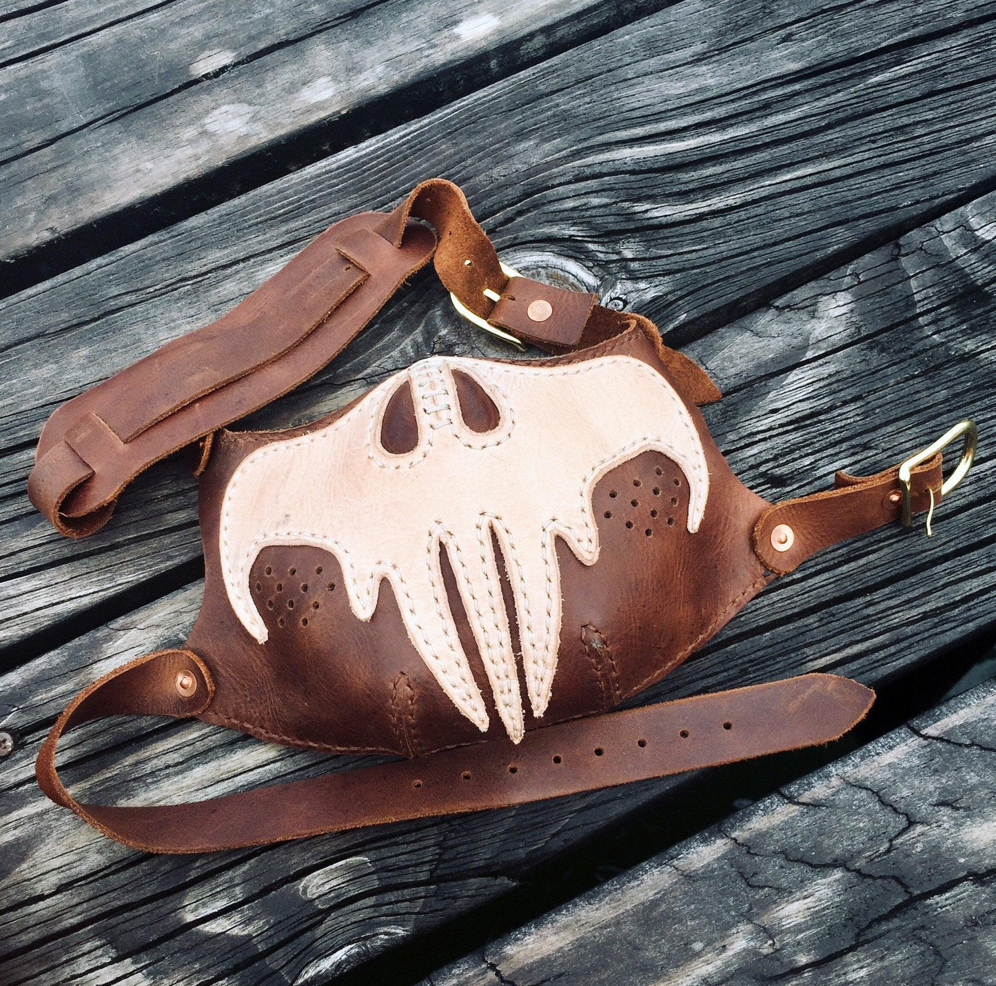 Biker mask with skull punisher design printable leather craft DIY PDF pattern by Karlova Design, leatherwork template for hand stitching