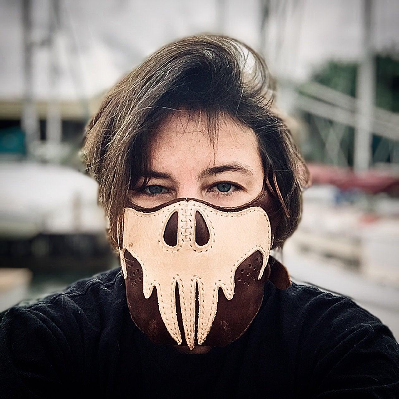 Biker mask with skull punisher design printable leather craft DIY PDF pattern by Karlova Design, leatherwork template for hand stitching