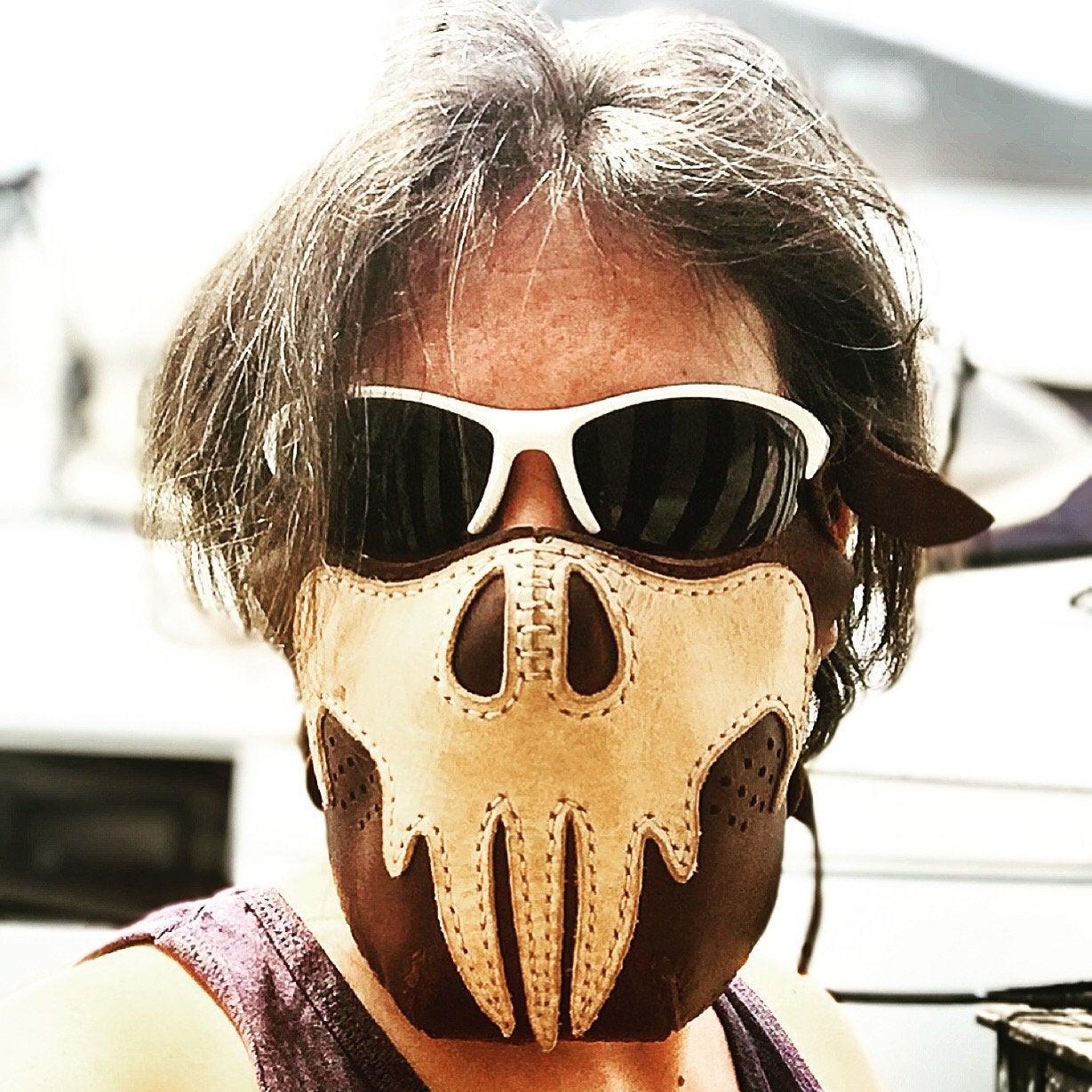 Biker mask with skull punisher design printable leather craft DIY PDF pattern by Karlova Design, leatherwork template for hand stitching