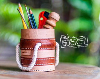 Leather pencil cup, mini bucket leather craft DIY PDF pattern by Karlova Design, leatherwork template for hand stitching